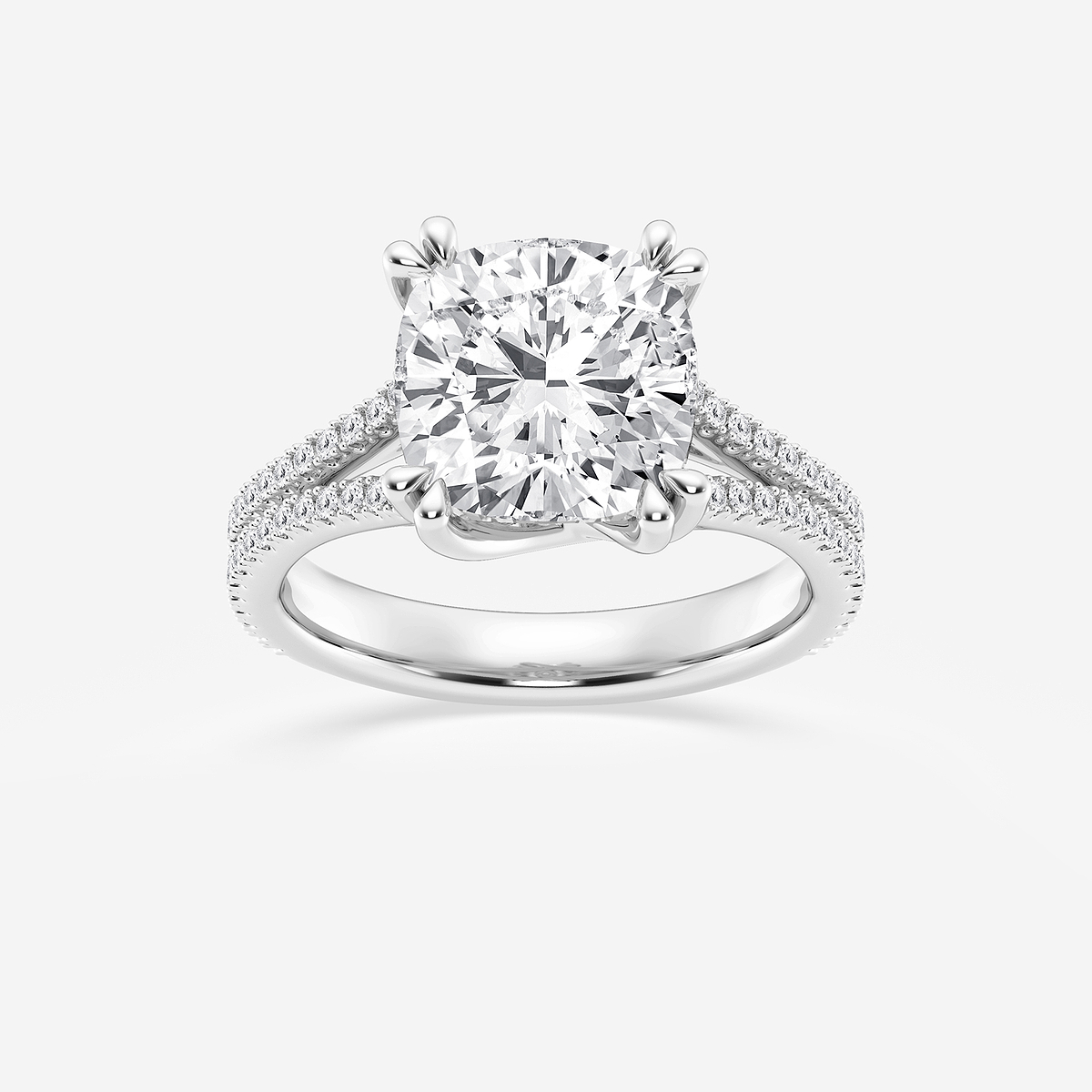 4 1/3 ctw Cushion Lab Grown Diamond Double Heart Shape Prong Split Shank Side Stone Engagement Ring