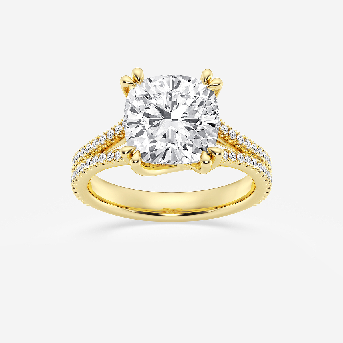 4 1/3 ctw Cushion Lab Grown Diamond Double Heart Shape Prong Split Shank Side Stone Engagement Ring