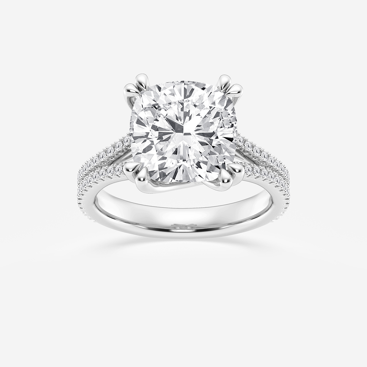 5 1/3 ctw Cushion Lab Grown Diamond Double Heart Shape Prong Split Shank Side Stone Engagement Ring