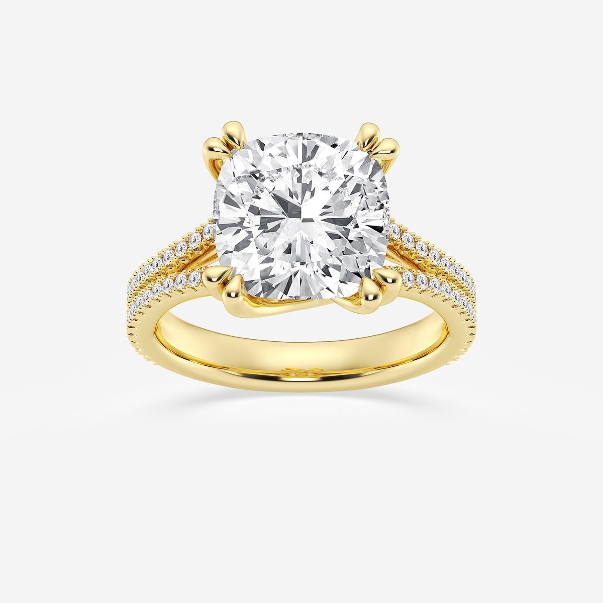 5 1/3 ctw Cushion Lab Grown Diamond Double Heart Shape Prong Split Shank Side Stone Engagement Ring
