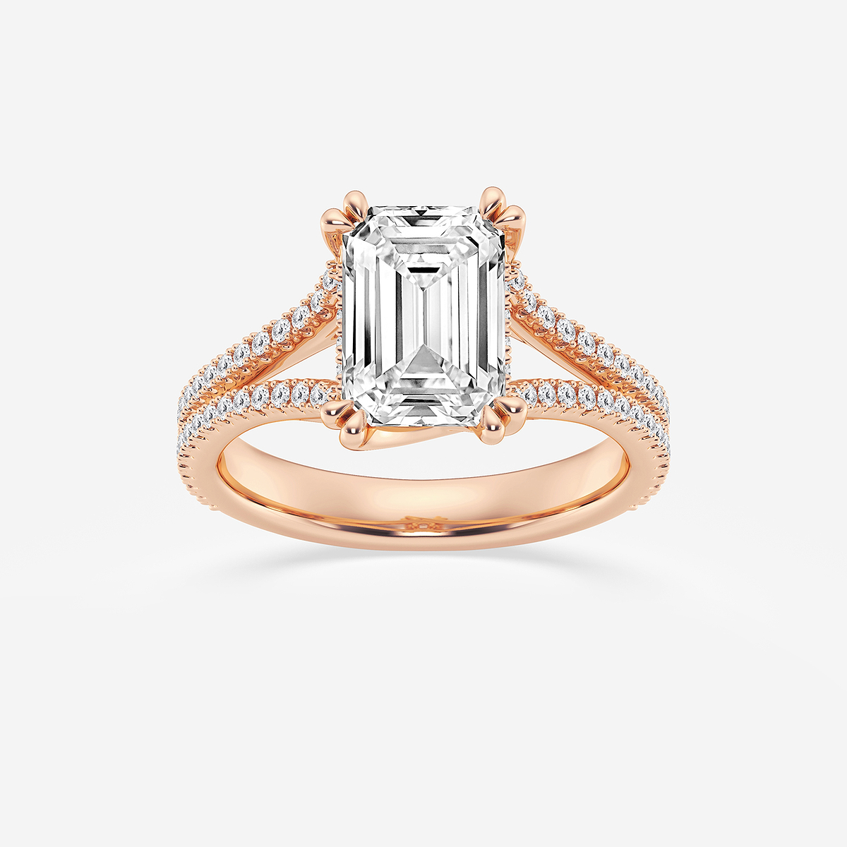 3 1/3 ctw Emerald Lab Grown Diamond Double Heart Shape Prong Split Shank Side Stone Engagement Ring