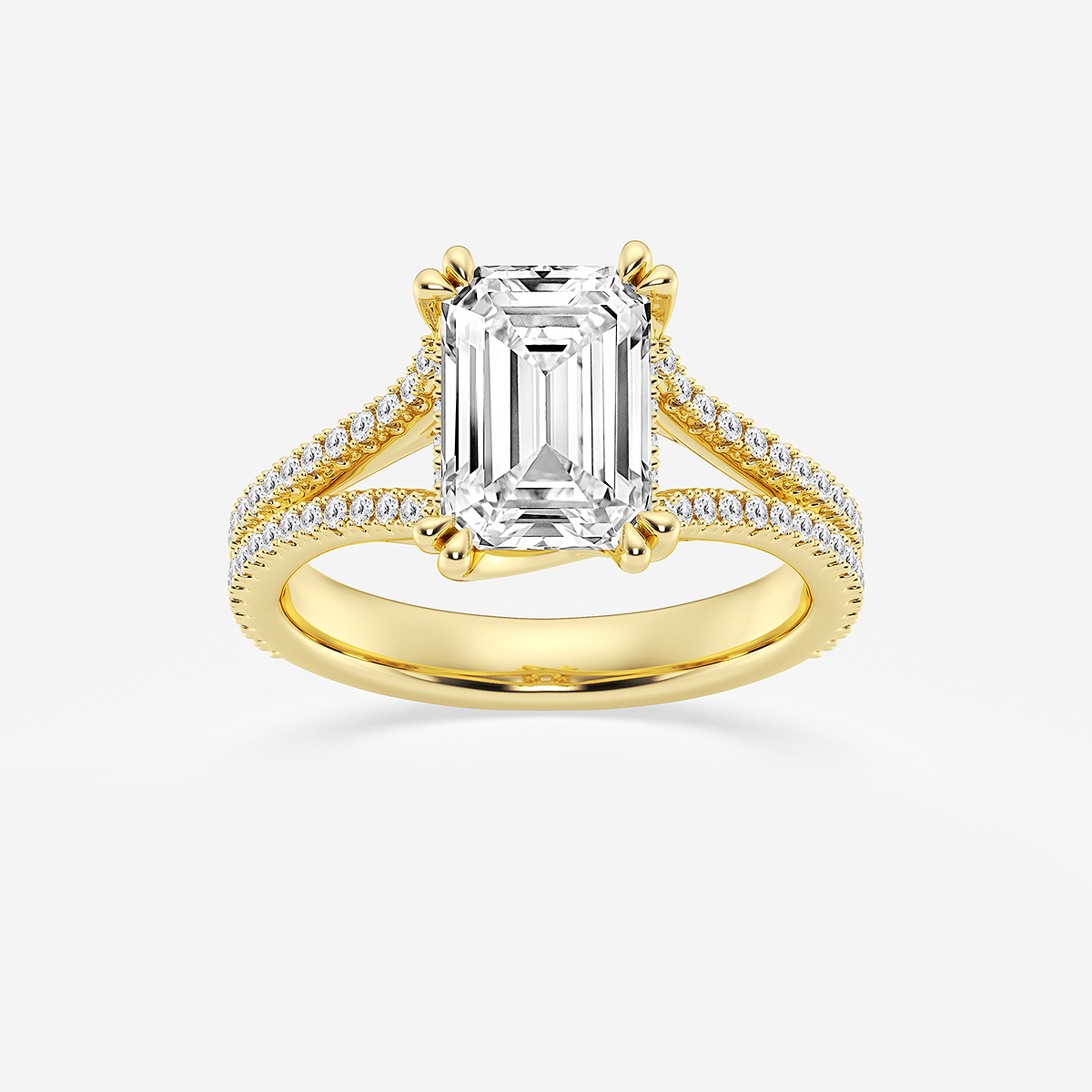 3 1/3 ctw Emerald Lab Grown Diamond Double Heart Shape Prong Split Shank Side Stone Engagement Ring