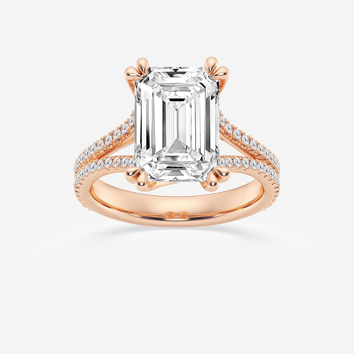 4 1/3 ctw Emerald Lab Grown Diamond Double Heart Shape Prong Split Shank Side Stone Engagement Ring