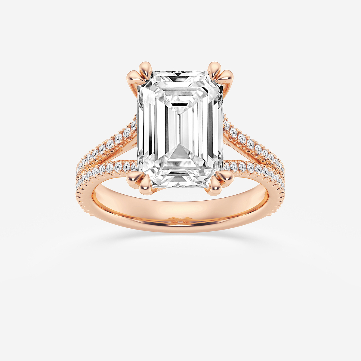 5 1/3 ctw Emerald Lab Grown Diamond Double Heart Shape Prong Split Shank Side Stone Engagement Ring