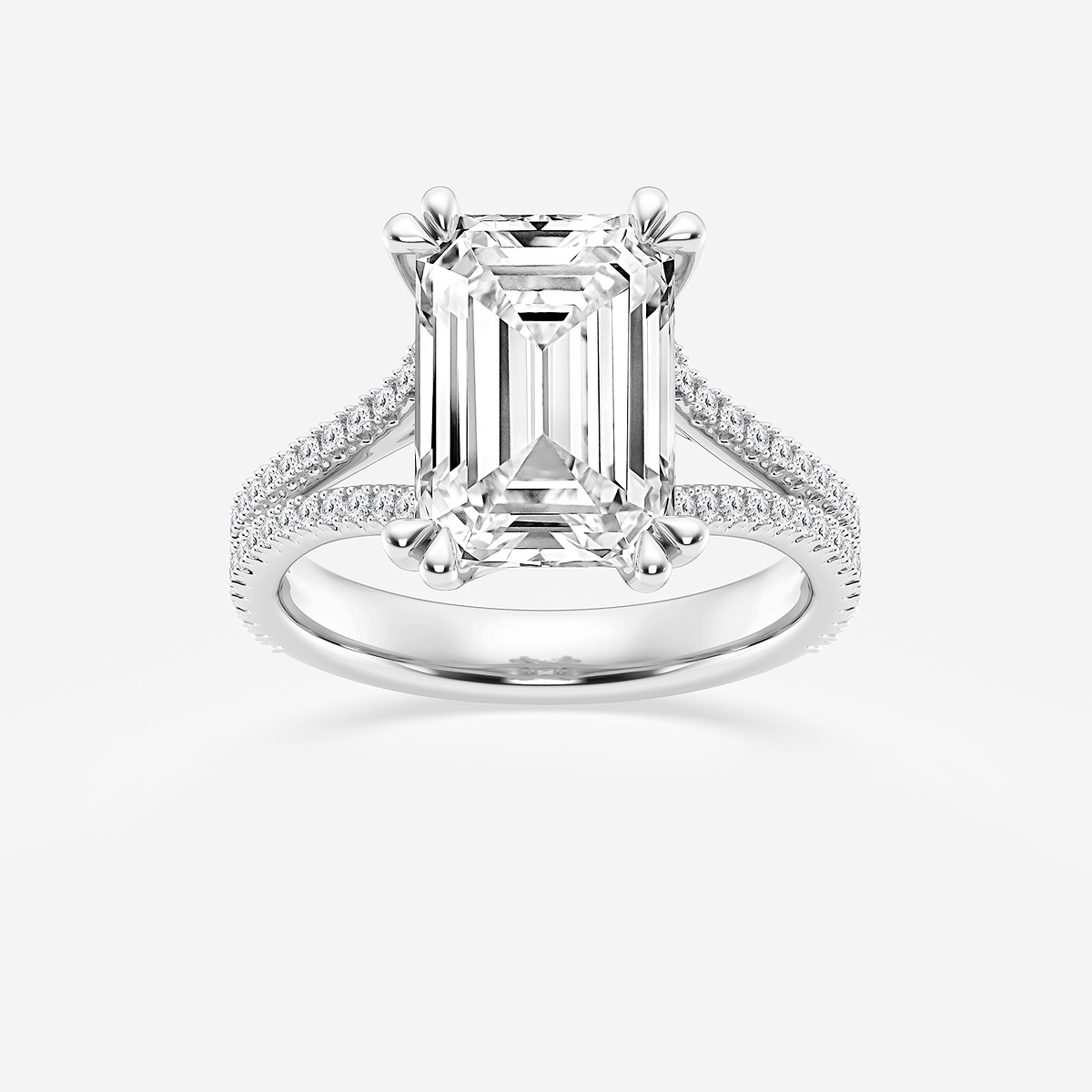 5 1/3 ctw Emerald Lab Grown Diamond Double Heart Shape Prong Split Shank Side Stone Engagement Ring