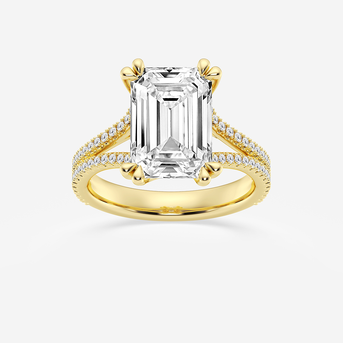 5 1/3 ctw Emerald Lab Grown Diamond Double Heart Shape Prong Split Shank Side Stone Engagement Ring