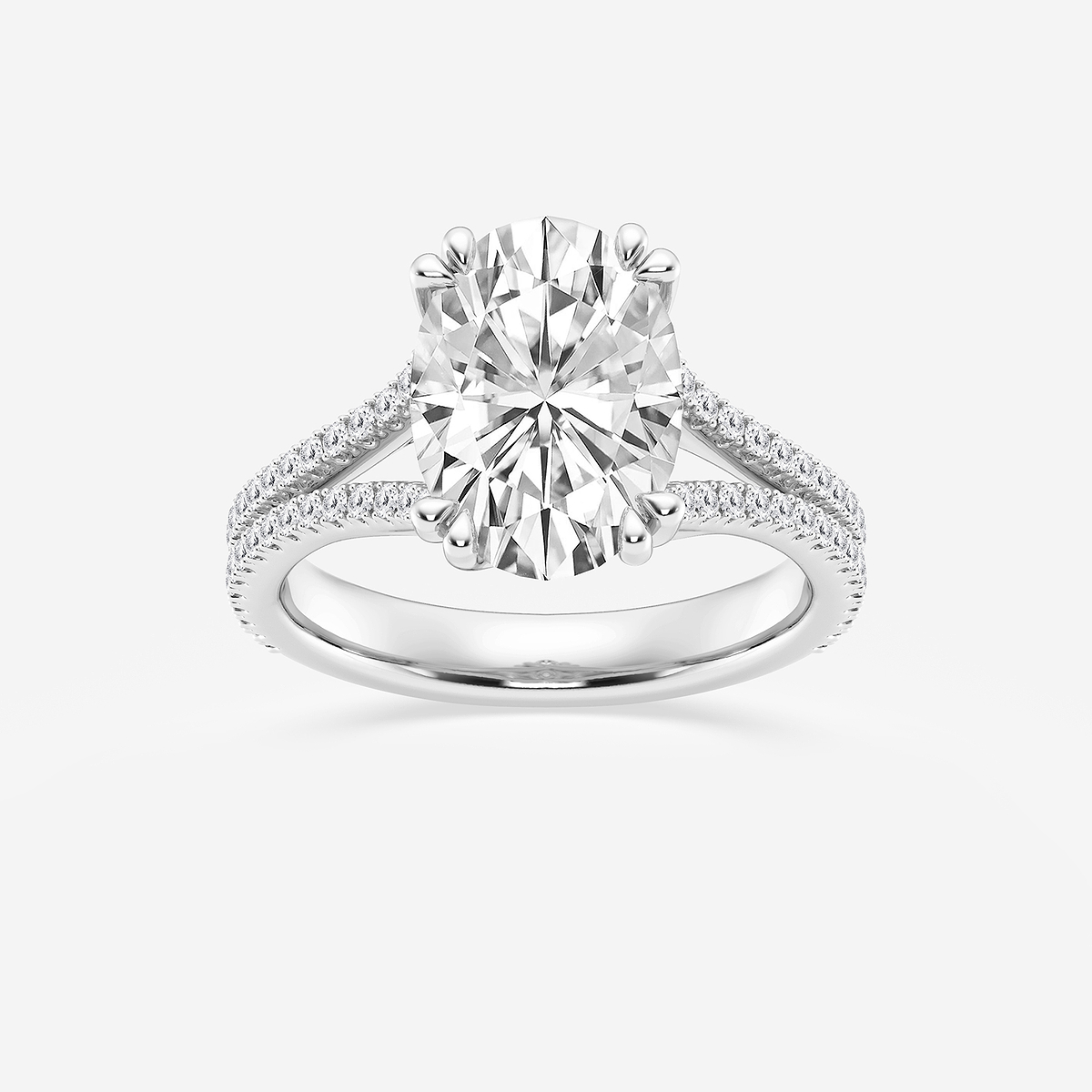 3 1/3 ctw Oval Lab Grown Diamond Double Heart Shape Prong Split Shank Side Stone Engagement Ring