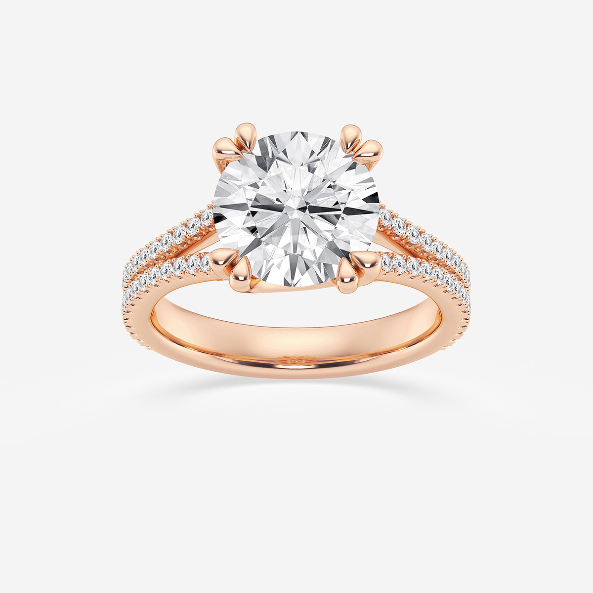 3 1/3 ctw Round Lab Grown Diamond Double Heart Shape Prong Split Shank Side Stone Engagement Ring