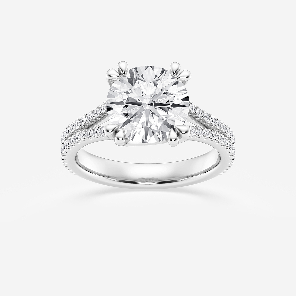 3 1/3 ctw Round Lab Grown Diamond Double Heart Shape Prong Split Shank Side Stone Engagement Ring