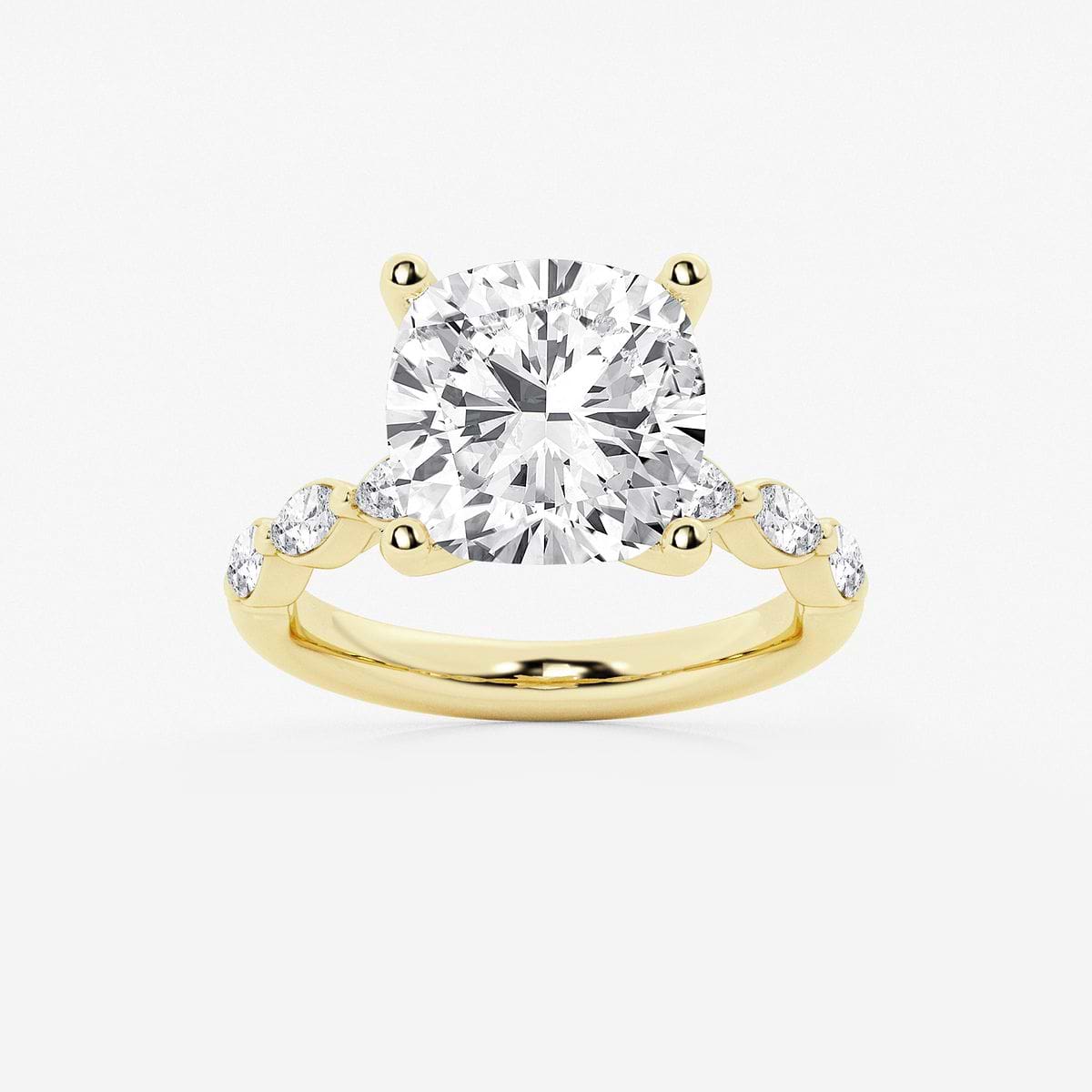 6 1/2 ctw Cushion Lab Grown Diamond Engagement Ring with Floating Marquise Side Accents 14K Yellow Gold, E, VS1