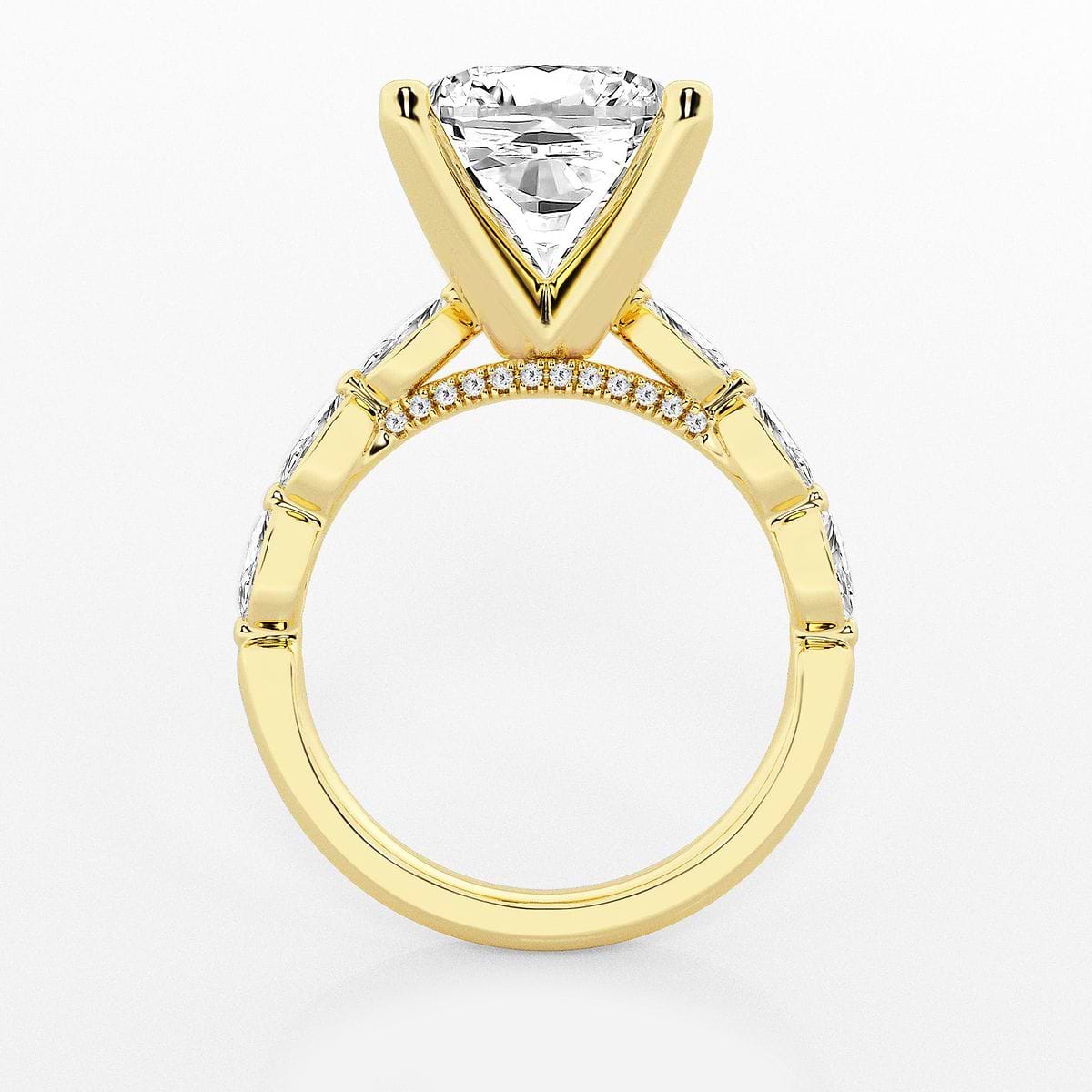 6 1/2 ctw Cushion Lab Grown Diamond Engagement Ring with Floating Marquise Side Accents 14K Yellow Gold, E, VS1