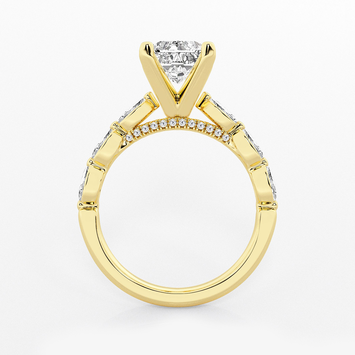 2 1/2 ctw Radiant Lab Grown Diamond Engagement Ring with Floating Marquise Side Accents 14K Yellow Gold, F, VS2