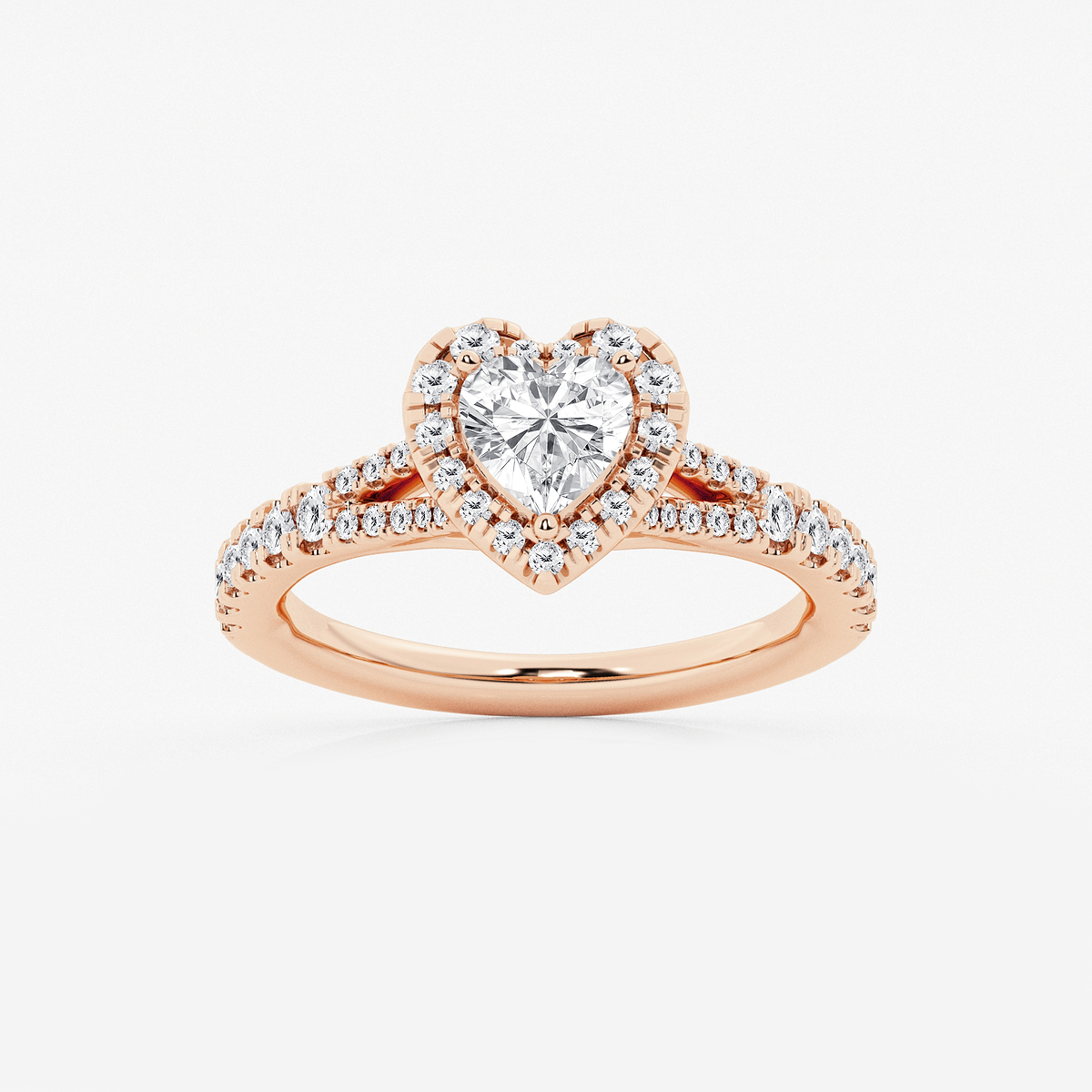 1 1/5 ctw Heart Lab Grown Diamond Split Shank Halo Engagement Ring 14K Rose Gold, F, VS2