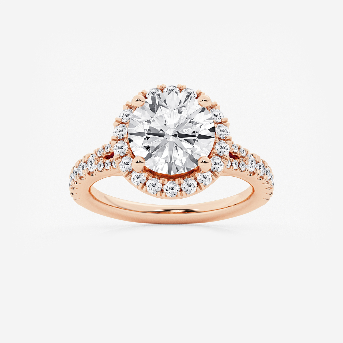 3 3/4 ctw Round Lab Grown Diamond Split Shank Halo Engagement Ring 14K Rose Gold, F, VS2