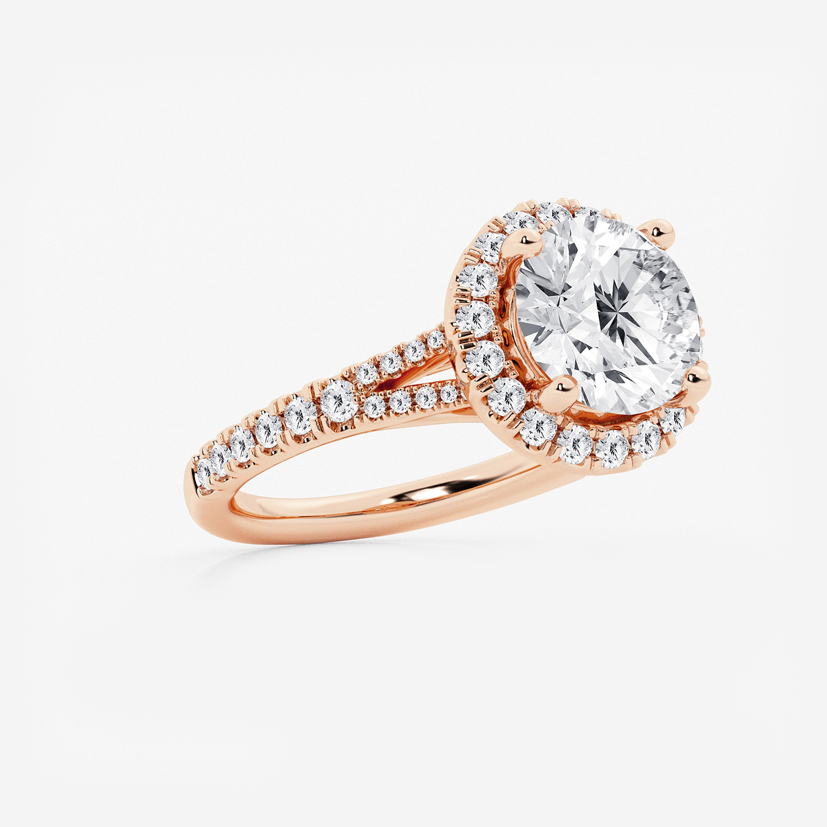 3 3/4 ctw Round Lab Grown Diamond Split Shank Halo Engagement Ring 14K Rose Gold, F, VS2