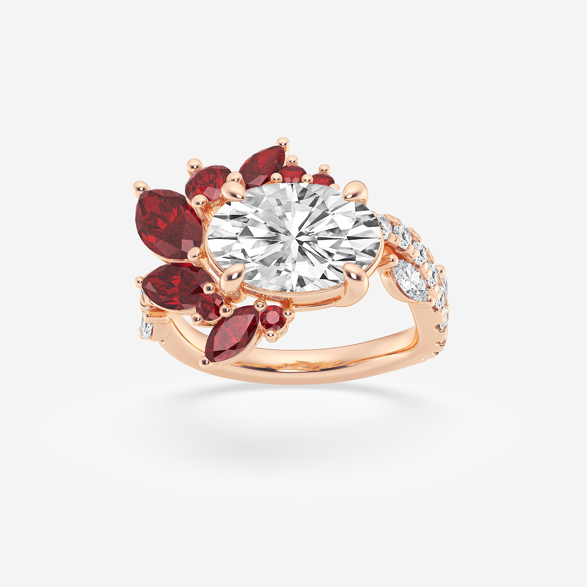 3 1/2 ctw Oval Lab Grown Diamond with Round & Marquise Cut Created Ruby Engagement Ring
