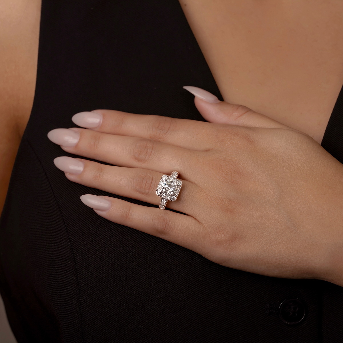 3 ctw Round Lab Grown Diamond Old Mine Cut Halo Engagement Ring in Milgrain Setting