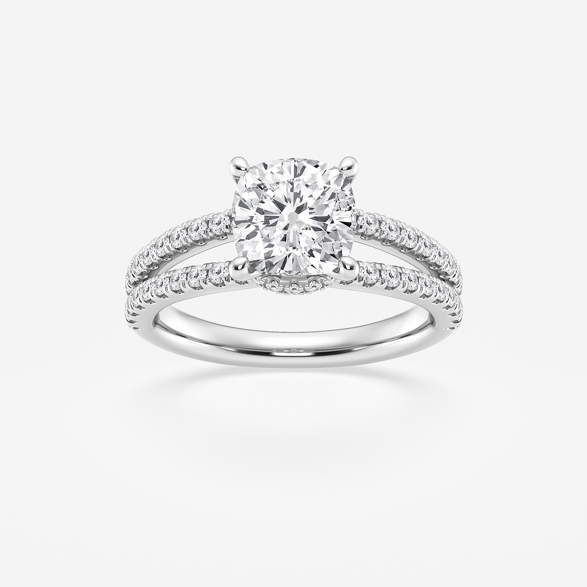 3 ctw Cushion Lab Grown Diamond Old Mine Cut Split Shank Hidden Halo Engagement Ring