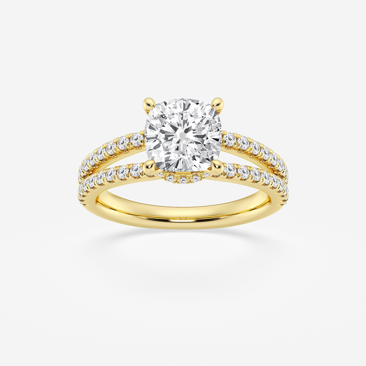 3 ctw Cushion Lab Grown Diamond Old Mine Cut Split Shank Hidden Halo Engagement Ring