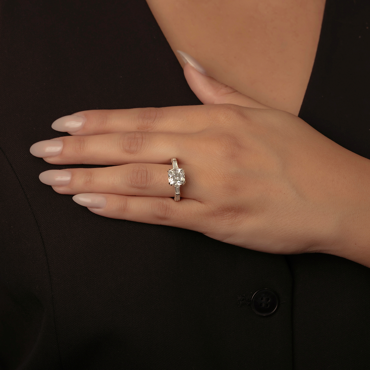 2 1/2 ctw Cushion Old Mine Cut Lab Grown Diamond Lab Grown Diamond Filigree with Baguettes Side Stone Engagement Ring