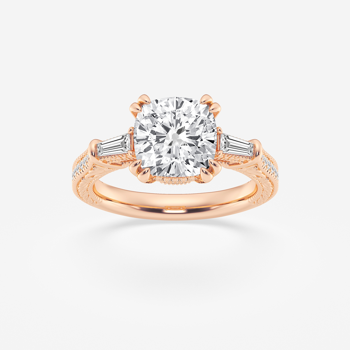 3 1/2 ctw Cushion Old Mine Cut Lab Grown Diamond Lab Grown Diamond Filigree with Baguettes Side Stone Engagement Ring