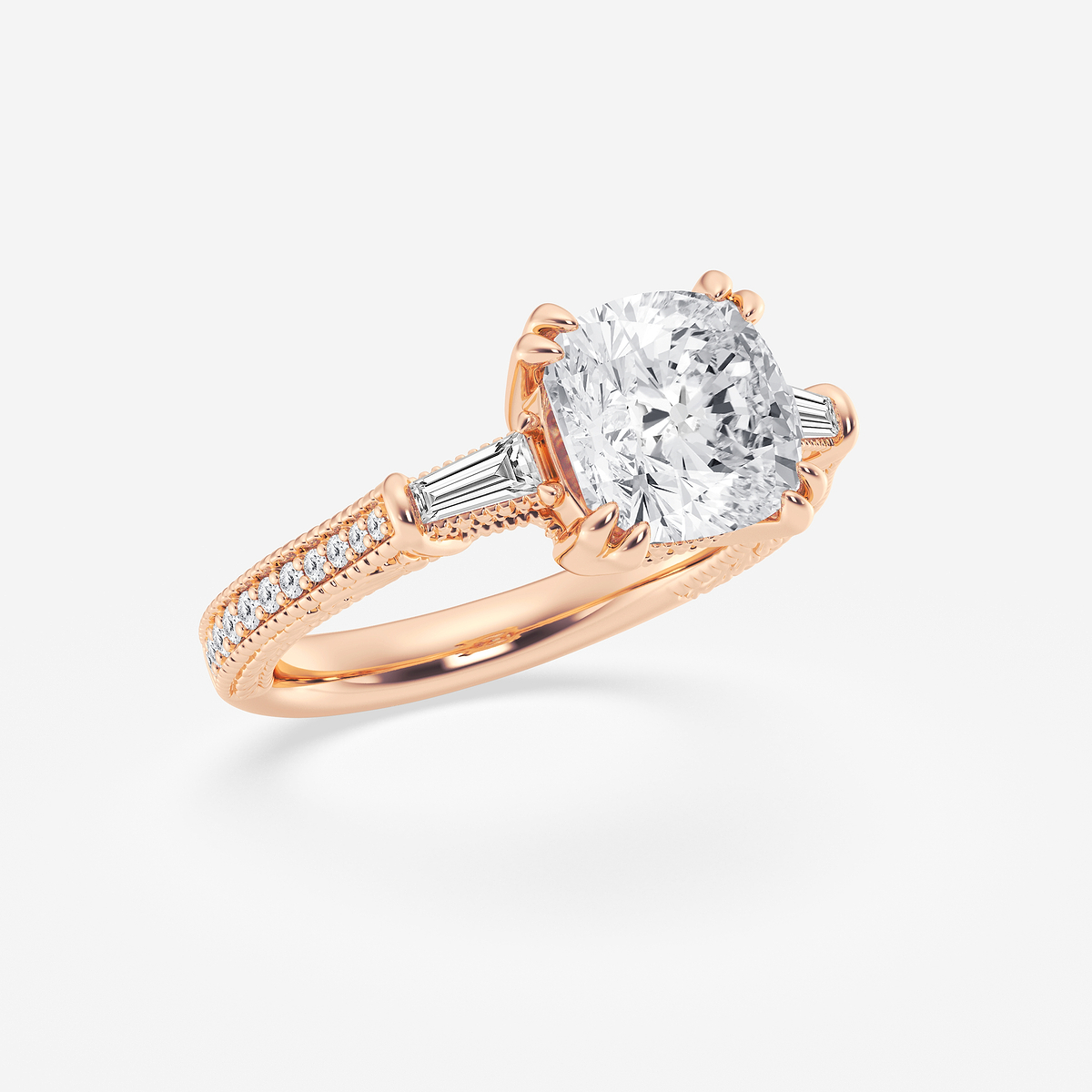 Additional Image 1 for  3 1/2 ctw Cushion Old Mine Cut Lab Grown Diamond Lab Grown Diamond Filigree with Baguettes Side Stone Engagement Ring