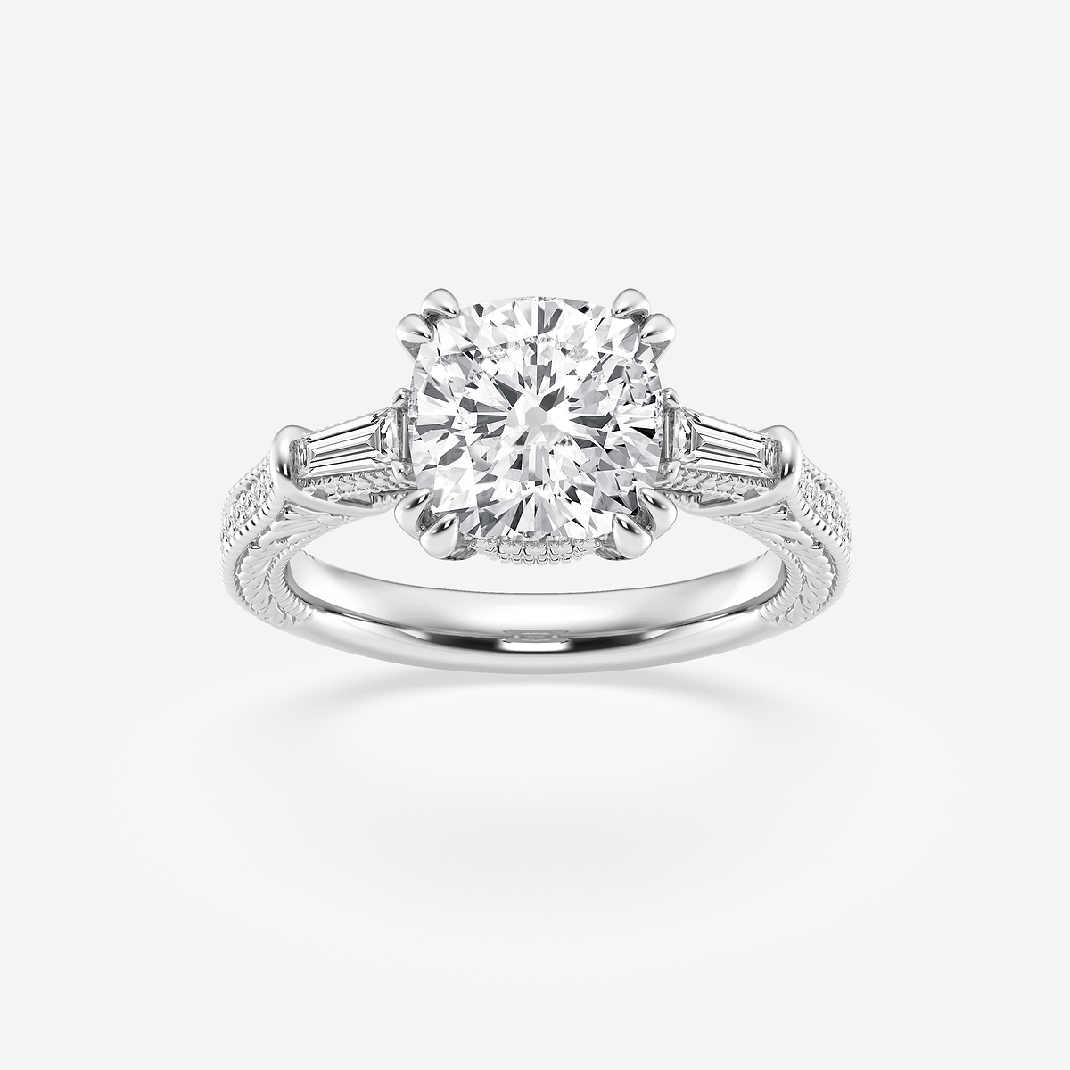 2 1/2 ctw Cushion Old Mine Cut Lab Grown Diamond Lab Grown Diamond Filigree with Baguettes Side Stone Engagement Ring