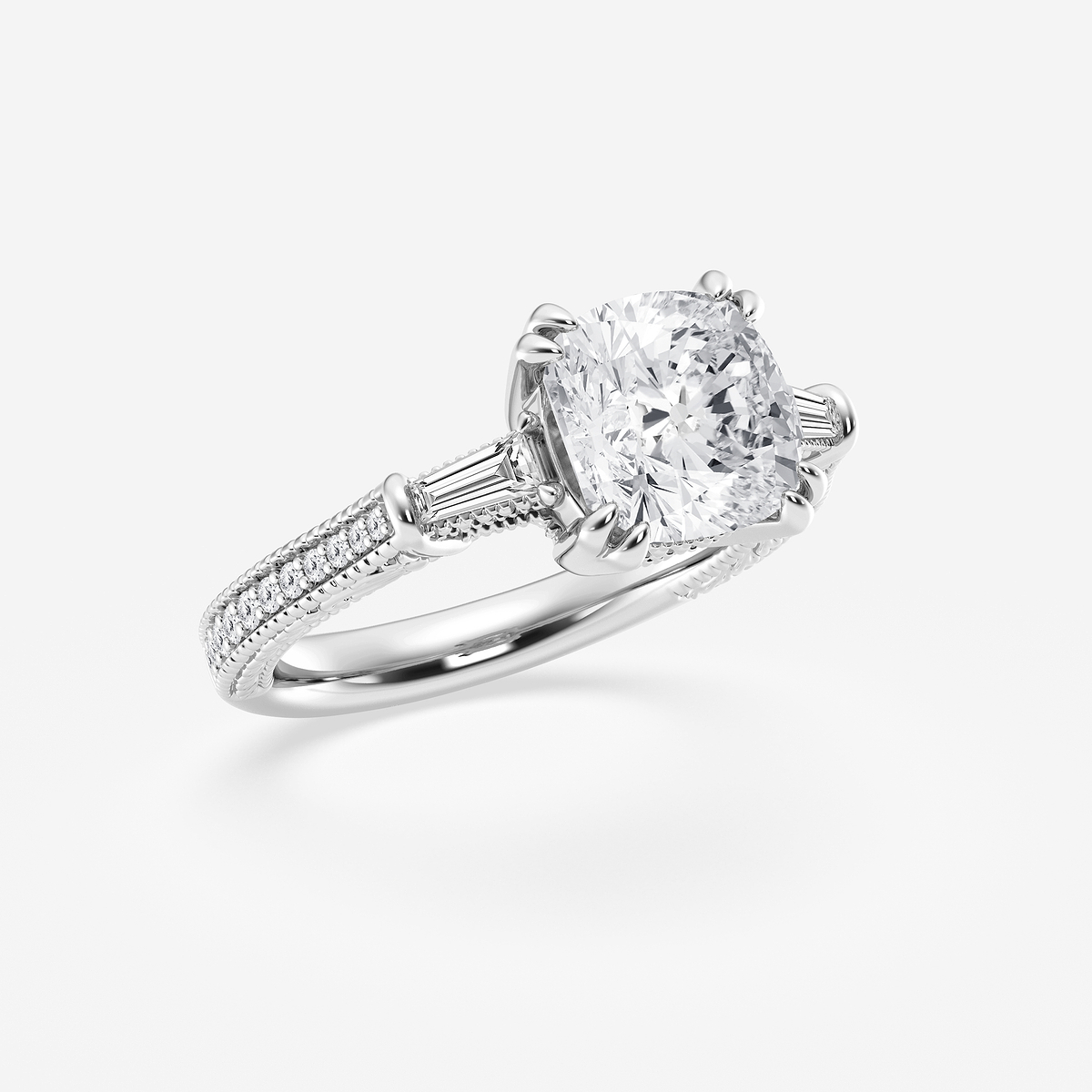 Additional Image 1 for  2 1/2 ctw Cushion Old Mine Cut Lab Grown Diamond Lab Grown Diamond Filigree with Baguettes Side Stone Engagement Ring