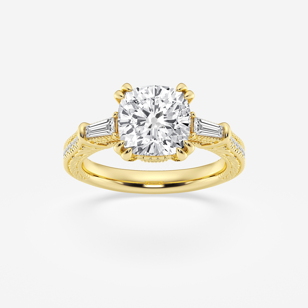3 1/2 ctw Cushion Old Mine Cut Lab Grown Diamond Lab Grown Diamond Filigree with Baguettes Side Stone Engagement Ring