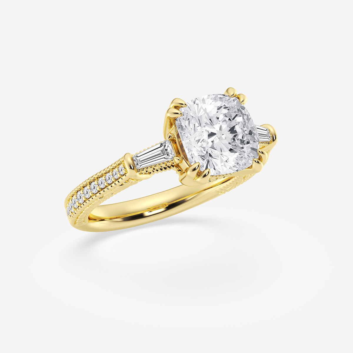 Additional Image 1 for  3 1/2 ctw Cushion Old Mine Cut Lab Grown Diamond Lab Grown Diamond Filigree with Baguettes Side Stone Engagement Ring