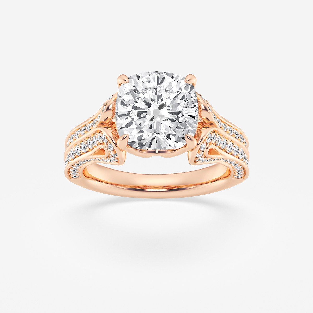 5 1/5 ctw Cushion Lab Grown Diamond Old Mine Cut Milgrain Split Floral Shank Side Stone Engagement Ring