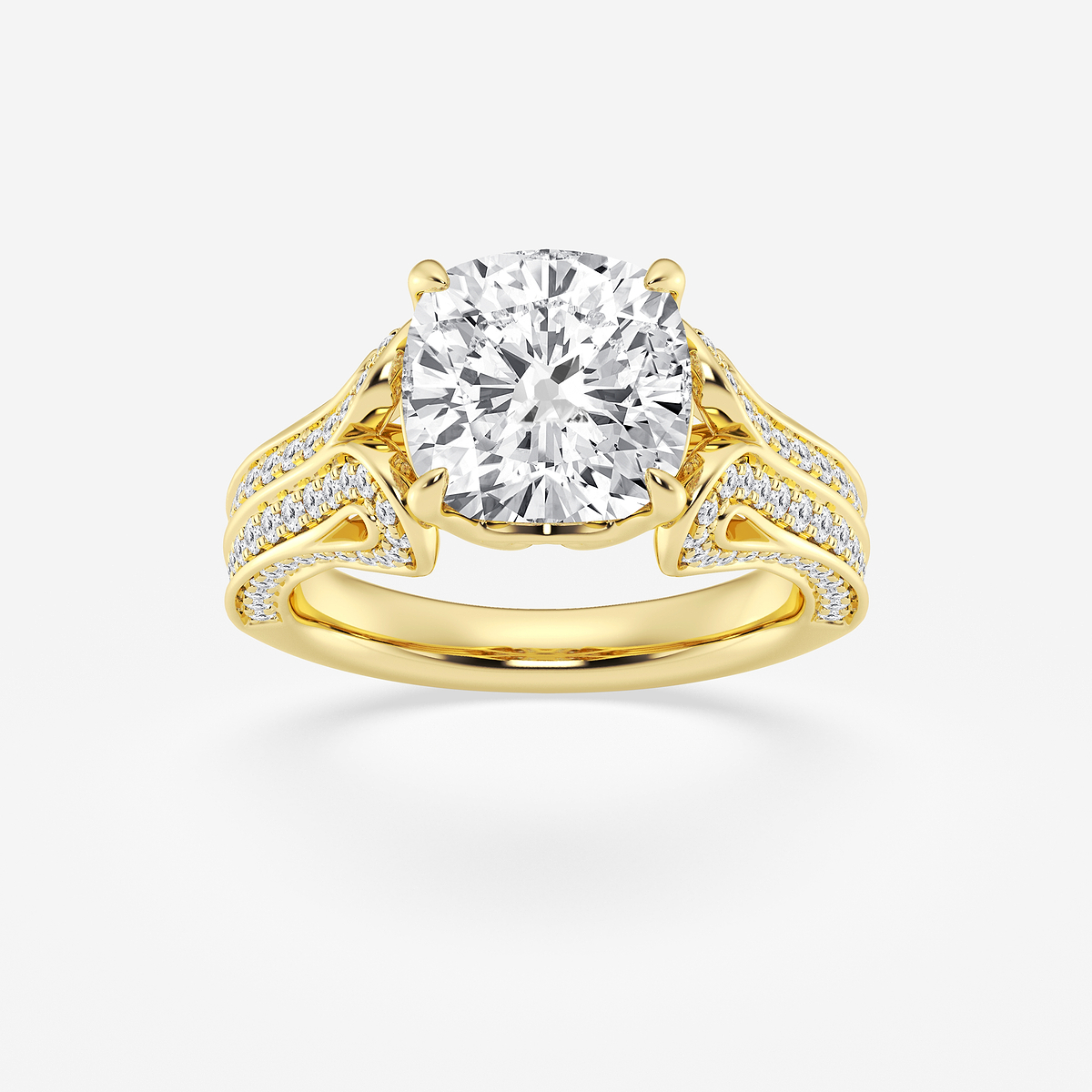 5 1/5 ctw Cushion Lab Grown Diamond Old Mine Cut Milgrain Split Floral Shank Side Stone Engagement Ring