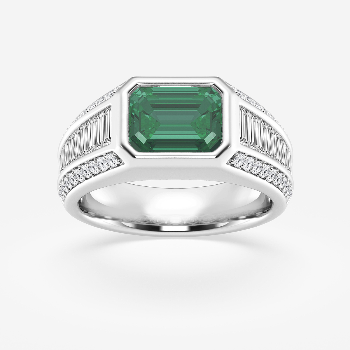 9x7 mm Emerald Cut Created Emerald & 1 1/3 Baguette and Round Lab Grown Diamond Side Stones Engagement Ring