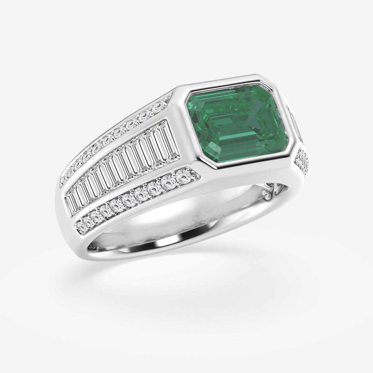 Additional Image 1 for  9x7 mm Emerald Cut Created Emerald & 1 1/3 Baguette and Round Lab Grown Diamond Side Stones Engagement Ring