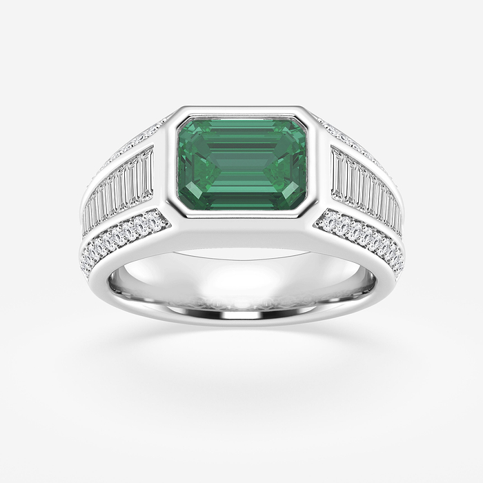 Emerald Solitaire Ring - 9x7 mm Emerald Cut Created Emerald &amp; 1 1/3 Baguette and Round Lab Grown Diamond Side Stones Engagement Ring