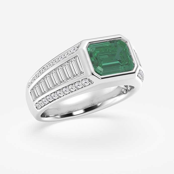 Emerald Solitaire Ring - 9x7 mm Emerald Cut Created Emerald &amp; 1 1/3 Baguette and Round Lab Grown Diamond Side Stones Engagement Ring