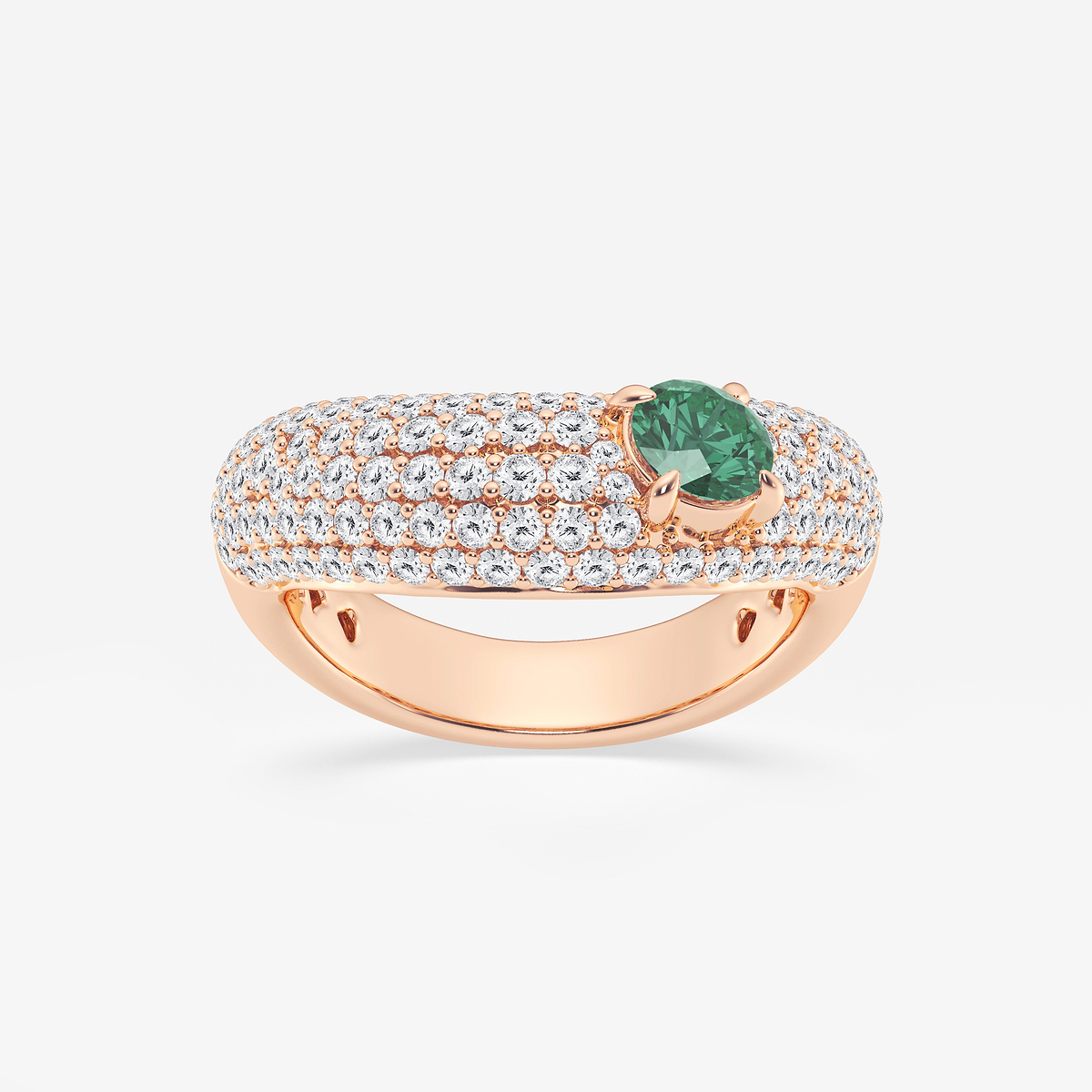 5.2 mm Round Cut Created Emerald and 1 ctw Round Lab Grown Diamond Crescent Shape Pave Ring
