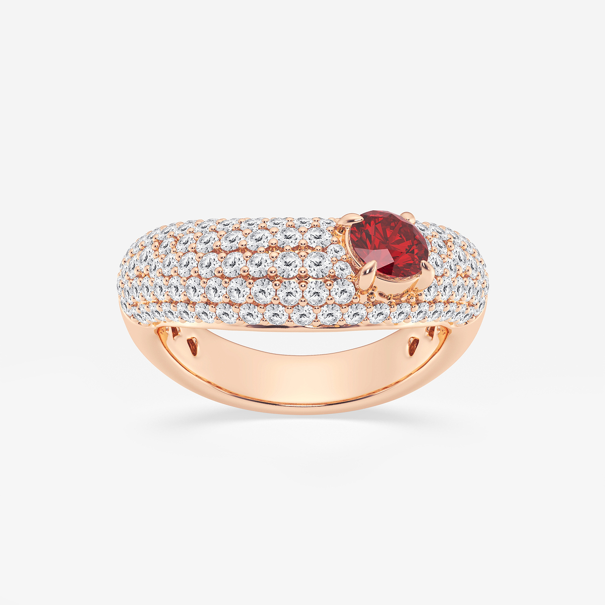 5.2 mm Round Cut Created Ruby and 1 ctw Round Lab Grown Diamond Crescent Shape Pave Ring