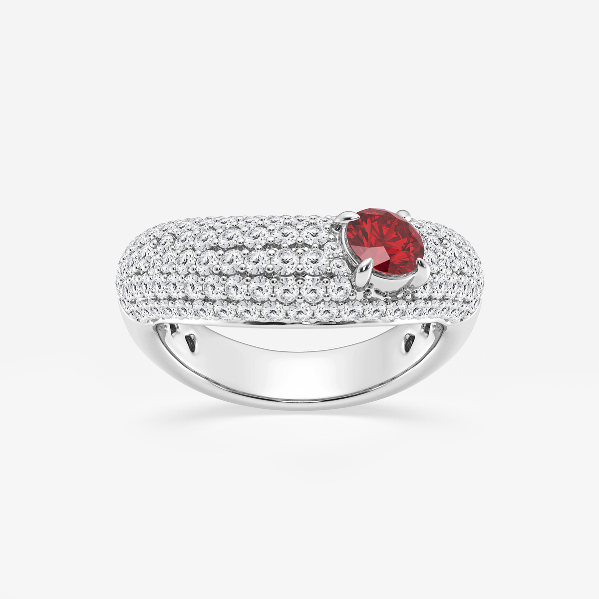 5.2 mm Round Cut Created Ruby and 1 ctw Round Lab Grown Diamond Crescent Shape Pave Ring