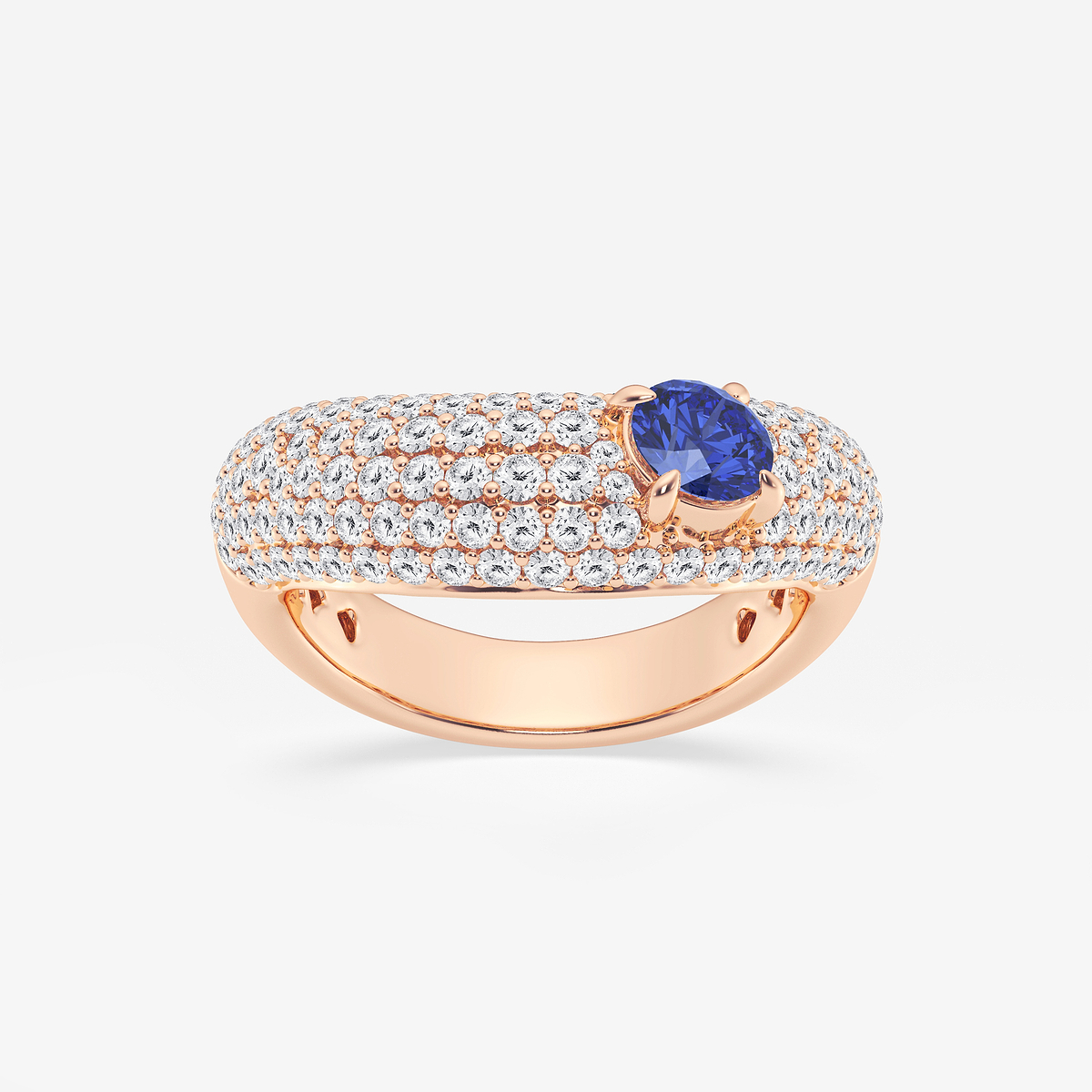 5.2 mm Round Cut Created Sapphire and 1 ctw Round Lab Grown Diamond Crescent Shape Pave Ring