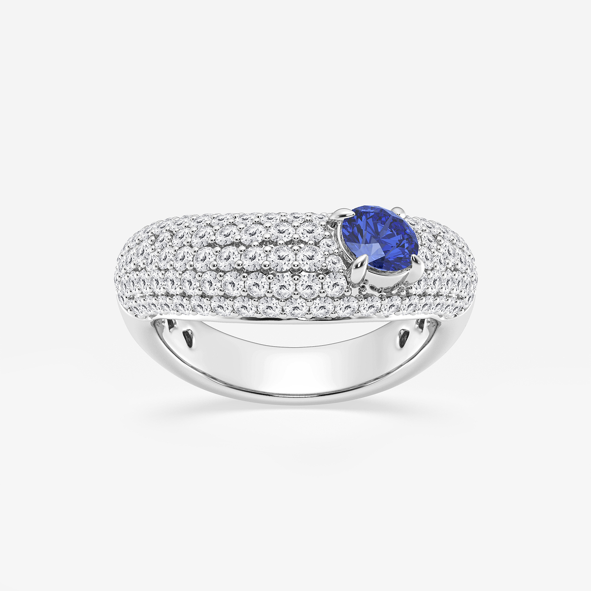 5.2 mm Round Cut Created Sapphire and 1 ctw Round Lab Grown Diamond Crescent Shape Pave Ring