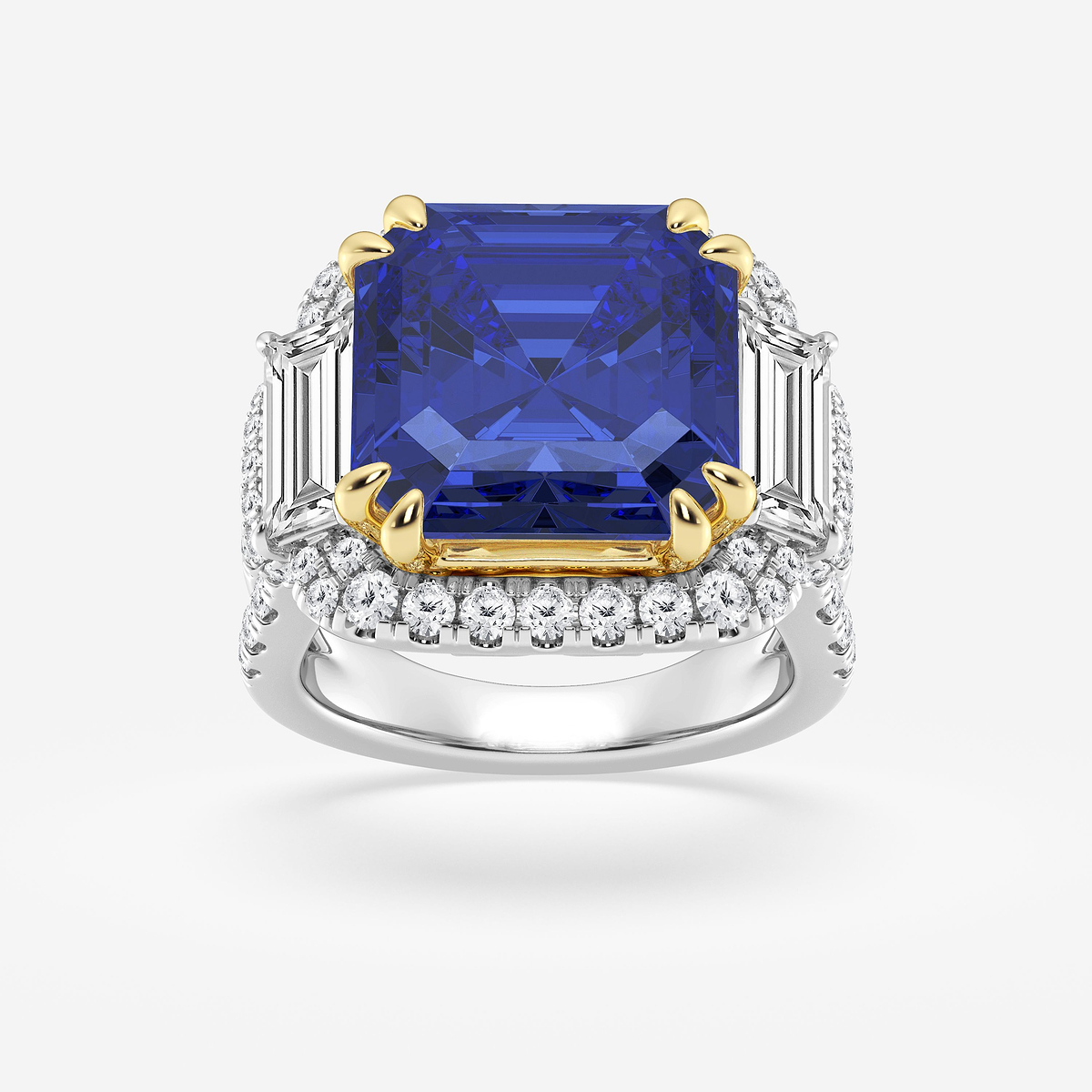 12.5 mm Asscher Cut Sapphire with 2 1/2 ctw Round and Baguette Lab Grown Diamond Engagement Ring