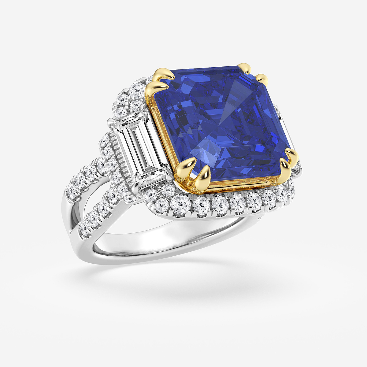 Additional Image 1 for  12.5 mm Asscher Cut Sapphire with 2 1/2 ctw Round and Baguette Lab Grown Diamond Engagement Ring