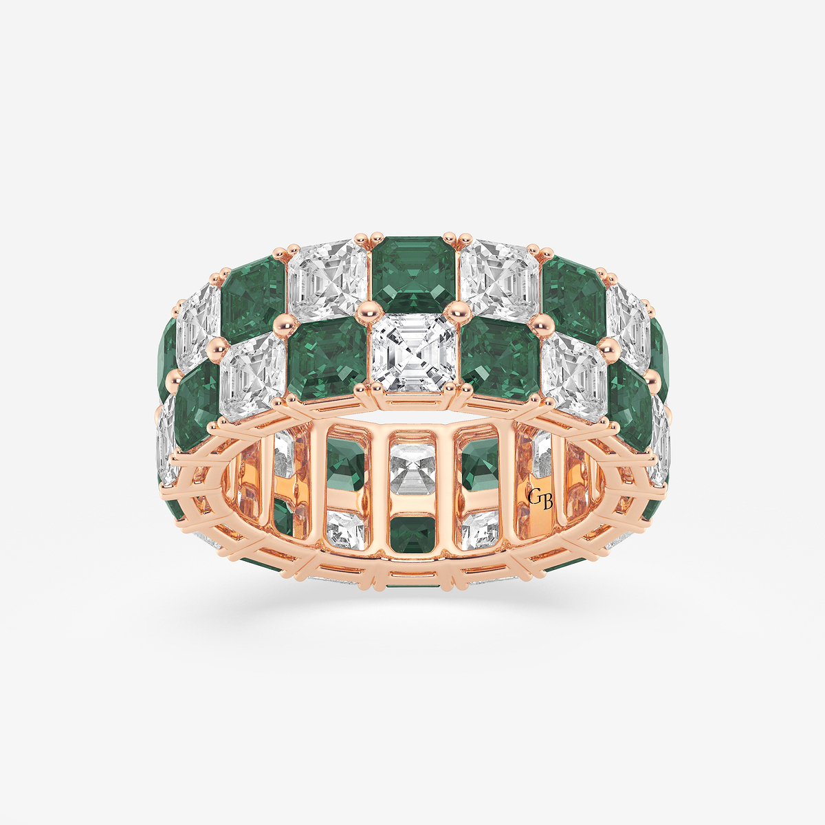 3.6x3.6 mm Asscher Cut Created Emerald and 5 1/2 ctw Asscher Lab Grown Diamond Alternating Two Row Eternity Band - 7.4mm Width