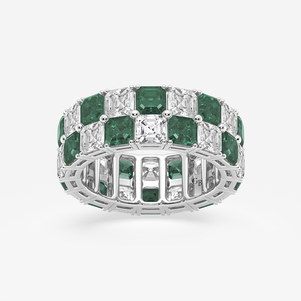 3.6x3.6 mm Asscher Cut Created Emerald and 5 1/2 ctw Asscher Lab Grown Diamond Alternating Two Row Eternity Band - 7.4mm Width