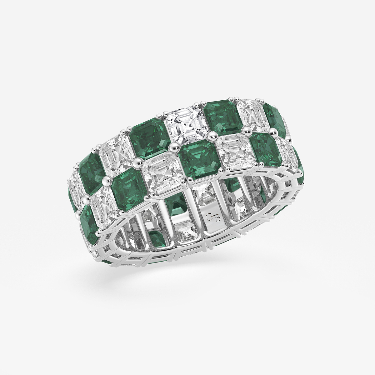 Additional Image 1 for  3.6x3.6 mm Asscher Cut Created Emerald and 5 1/2 ctw Asscher Lab Grown Diamond Alternating Two Row Eternity Band - 7.4mm Width
