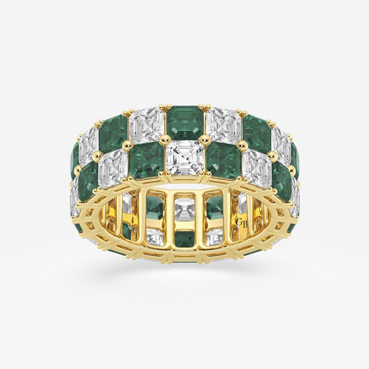 3.6x3.6 mm Asscher Cut Created Emerald and 5 1/2 ctw Asscher Lab Grown Diamond Alternating Two Row Eternity Band - 7.4mm Width