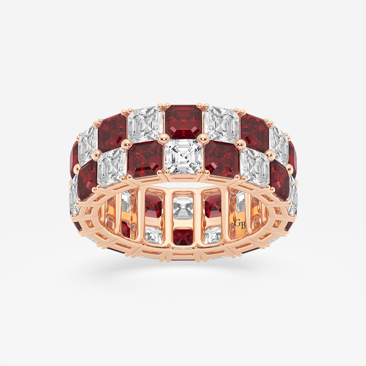 3.6x3.6 mm Asscher Cut Created Ruby and 5 1/2 ctw Asscher Lab Grown Diamond Alternating Two Row Eternity Band - 7.4mm Width