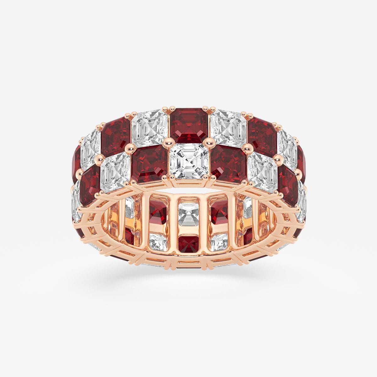 3.6x3.6 mm Asscher Cut Created Ruby and 5 1/2 ctw Asscher Lab Grown Diamond Alternating Two Row Eternity Band - 7.4mm Width 14K Rose Gold