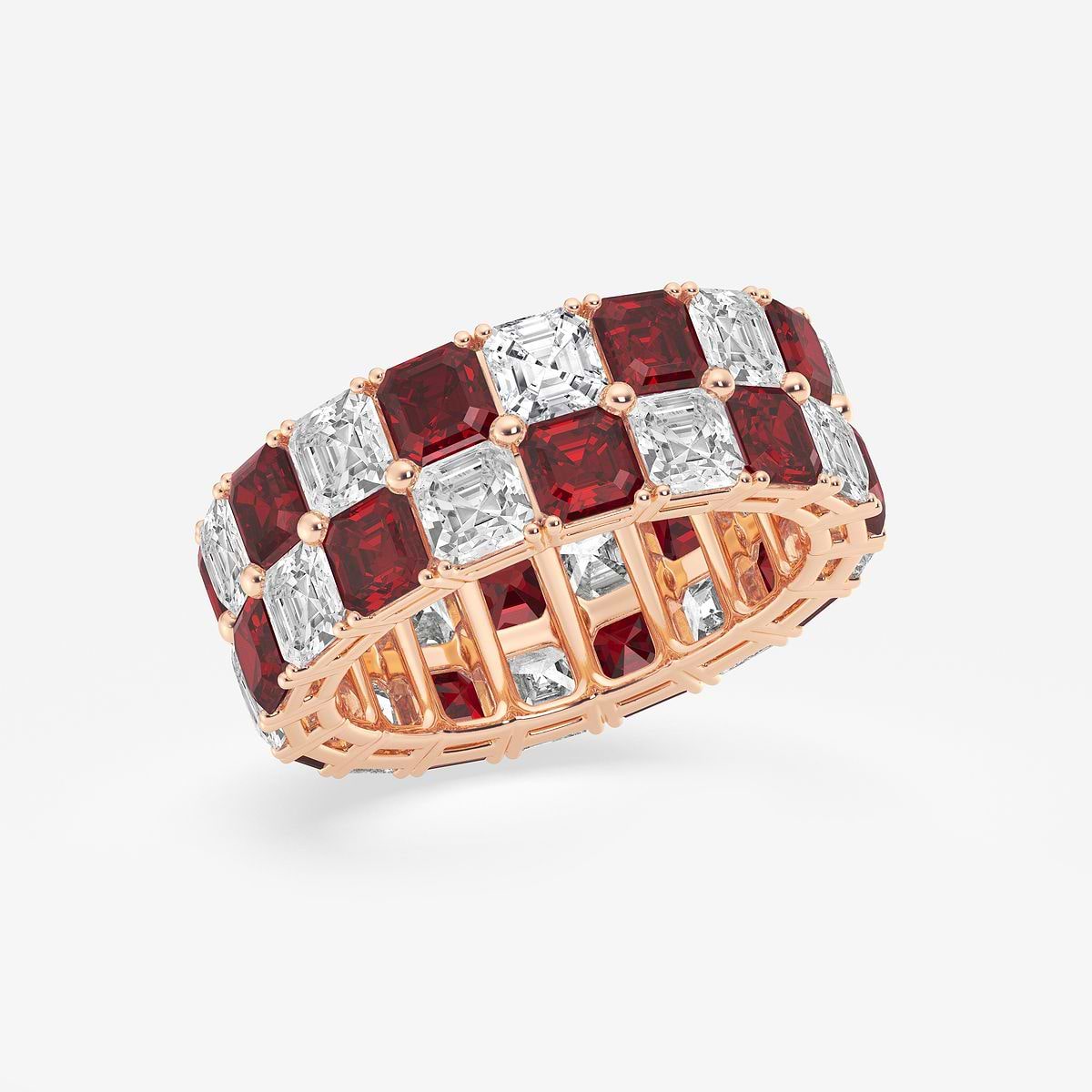 3.6x3.6 mm Asscher Cut Created Ruby and 5 1/2 ctw Asscher Lab Grown Diamond Alternating Two Row Eternity Band - 7.4mm Width 14K Rose Gold